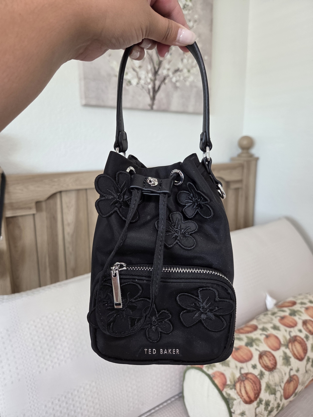 Ted Baker Black Floral Appliqué Mini Drawstring Bag